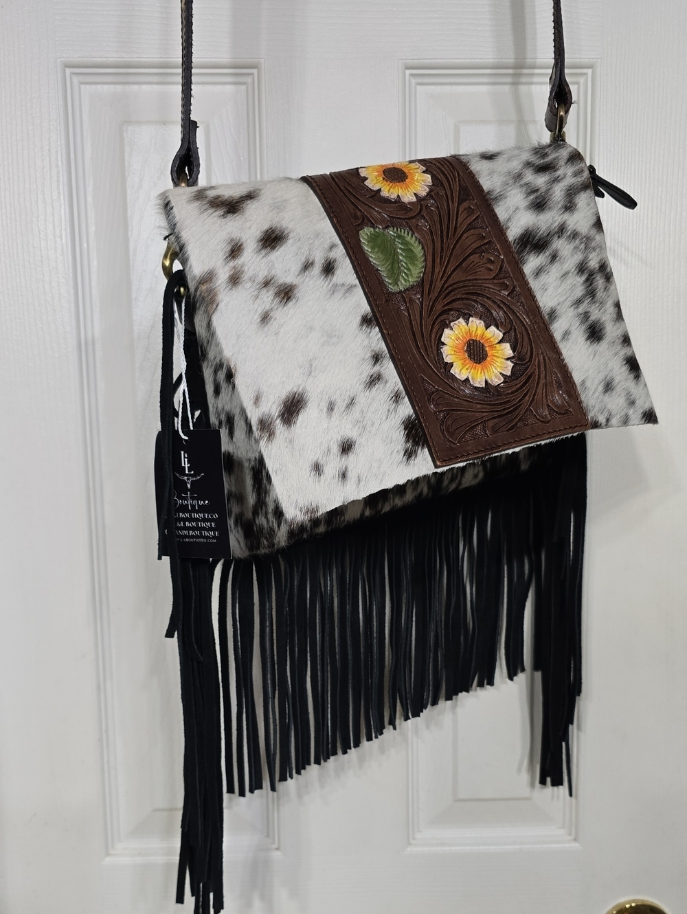 Tooled Floral Cowhide Fringe Shoulder Bag - Black/Brown/White